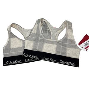 Calvin Klein NWT Plaid Modern Cotton Wireless Unlined Bralette 2 Pk XS Black Tan
